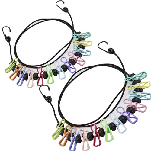 2 Pack Portable Travel Clothesline ，Retractable Portable Clothesline for Travel，Clothing line with 12 Clothes Clips，for Home, Travel and Outdoor Hanging Clothes Clothesline Chip Clips (Colour Mixture) - color: Colour Mixture