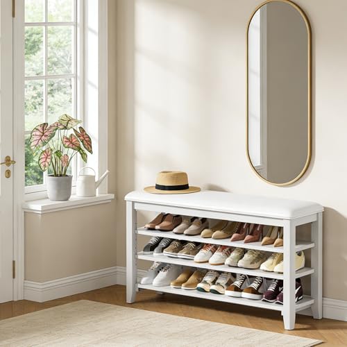 Taitiy Shoe Rack Bench with 3 Tier Adjustable Shelves Rubberwood Entryway - color: White, size: 39.4''