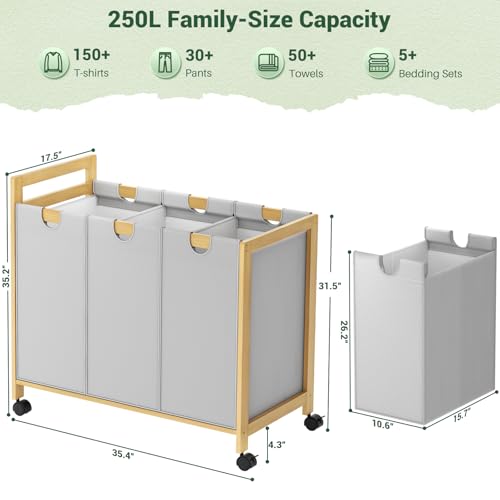 Homykic 250L Laundry Sorter with Wheels, 3-Section Laundry Hamper, Grey - color: Grey