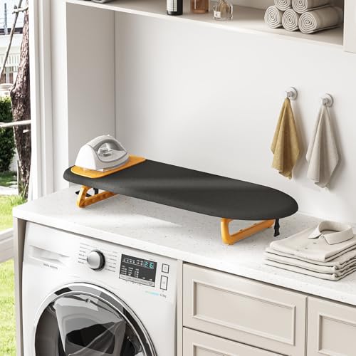 KINGBOARD Small Ironing Board with Iron Mat, Tabletop Iron Board, Black - color: Black & Orange