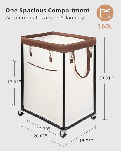 STORAGE MANIAC Large Laundry Basket with Wheels 160L Rolling Laundry Hamper Laundry Cart with Metal Frame and Removable Bag, Clothes Hamper for Bedroom, Bathroom, Dorm Room, Laundry Room, Beige