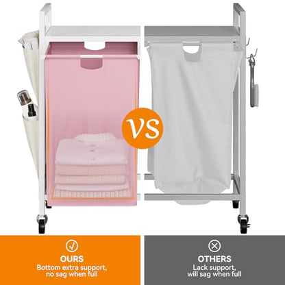 WOWLIVE Double Laundry Hamper with Wheels, Rolling Laundry Basket Organizer - color: White and Pink, size: 110l (30.0 x 13 x 32 Inches)