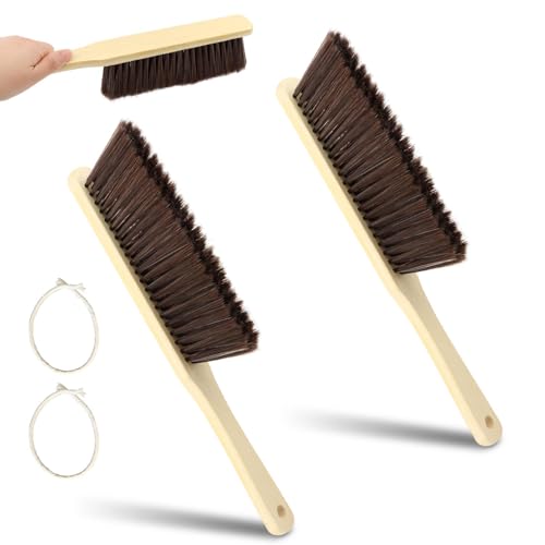 2 Piece Wooden Dust Brush, Hand Soft Bristle Broom with Lanyard for Counter Bed Sofa Car Fireplace Clothes Household Cleaning(2 pcs)