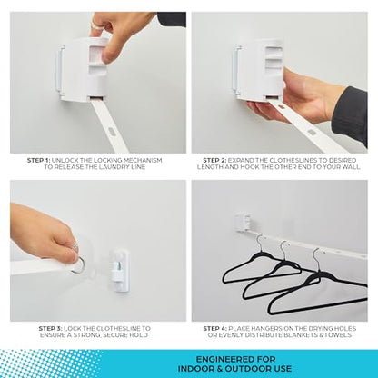 Slide Innovations Retractable Clothesline – 13 ft Indoor & Outdoor Wall-Mounted Drying Line, Heavy-Duty Space-Saving Laundry Line for Towels, Clothes, Sheets & Travel Use