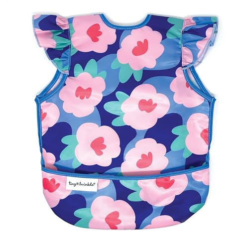 Tiny Twinkle Mess Proof Baby Bib for Girls | Waterproof Toddler Bib for Eating | Baby Apron for Feeding | Machine Washable | Perfect Shower Gift (Floral Blue, 6–24M) - color: Floral Blue, size: Small 6-24 Months