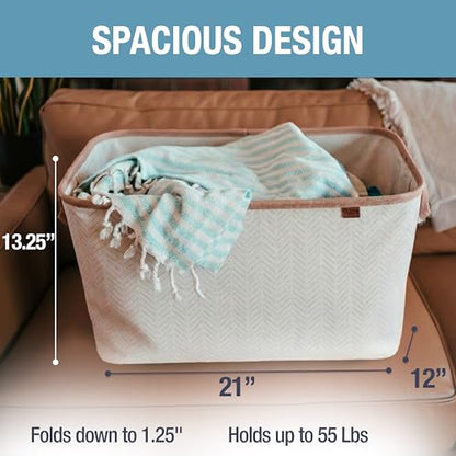 Collapsible Fabric Laundry Basket Premium, Cream Herringbone, 2 Pack - color: Cream Herringbone