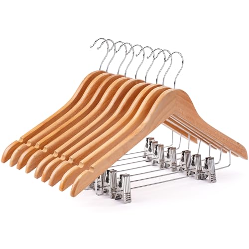 Wooden Hangers with Clips 12 PCS Pants Hangers with Clips,Smooth Solid Wooden Pants Hanger,360 Swivel Hooks & Adjustable Clips,for Jeans,Skirt,Suit,Shorts,Scarf - color: Nnatural