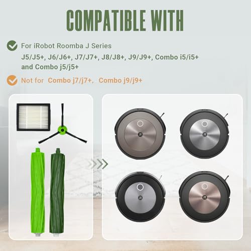Replacement Parts Accessories Kit for iRobot Roomba J5 J5+ J6 J6+ J7 J7+ J8 J8+ J9 J9+ J J Plus Series Robotic Vacuum Attachment, 1 Rubber Brush, 5 HEPA Filter, 6 Side Brush