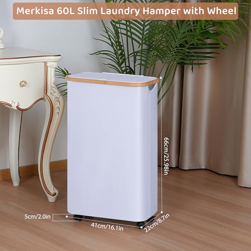 Slim Laundry Basket with Wheels,Narrow Hampers for Laundry(60L White) - color: White, size: 60L with Wheels