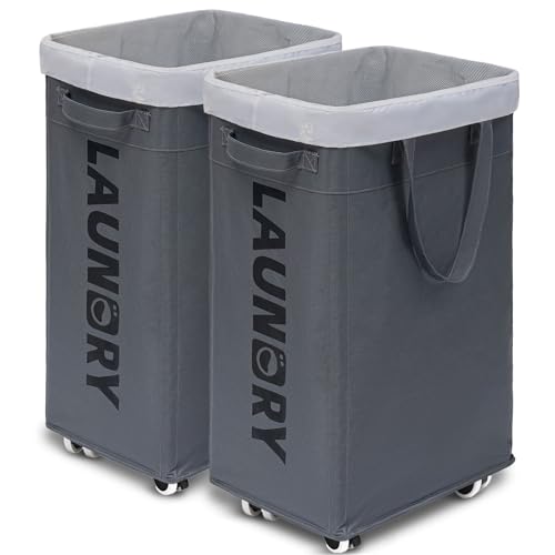 Goodpick 2-Pack Laundry Basket with Wheels & Wash Bag, Hamper for Dorm, 75L - color: Grey 2-Pack