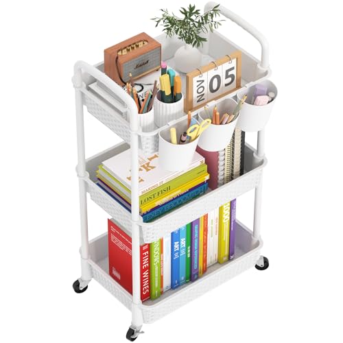 MOYIPIN 3-Tier Plastic Rolling Utility Cart with Handle,White - color: White, size: 3-Tiers with cups
