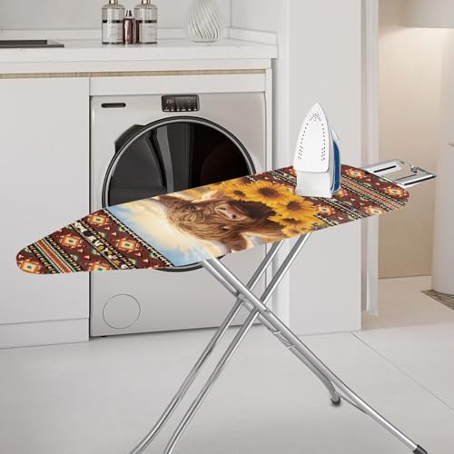 Boho Sunflower Cow Iron Board Cover for Standard Boards Resists Staining and Scorching Elasticized Edges and Fasteners Ironing Board Protector Washable Standard Size Easy to Install - color: Boho Sunflower Cow