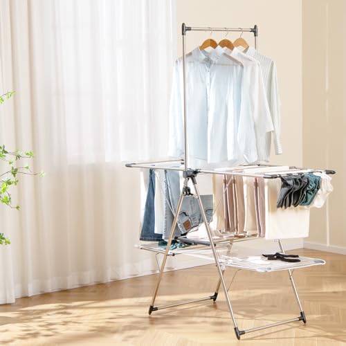 GIANTEX Foldable Clothes Drying Rack with 6-Level Adjustable Height