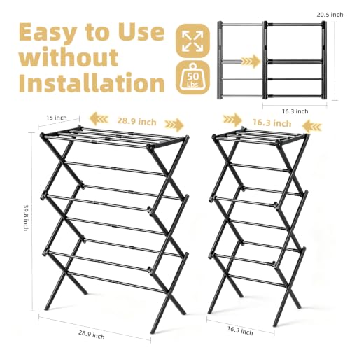 BAKON Clothes Drying Rack Foldable for Small Space, No Installation Required, Rustproof & Extendable Laundry Rack for Indoor & Outdoor Dorm Room Apartments RV, Black - color: Black
