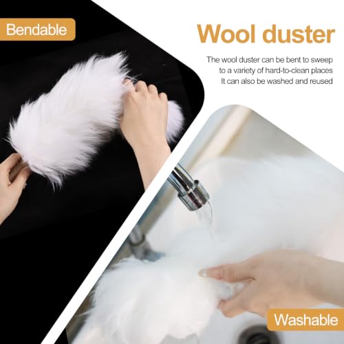 White Lambswool Extendable Duster, 32-98 Inch Bendable Wool Head with Anti-Static Properties and Stainless Steel Extension Pole for Ceiling Fans, High Walls, and Roof Dusting(one Pack) - size: white wool