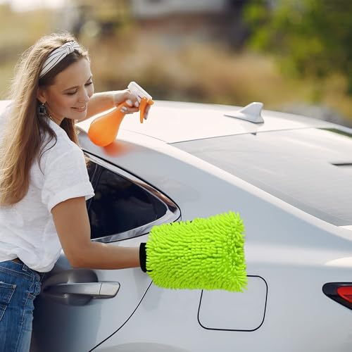 Fluorescent Green Microfiber Car Wash Mitt – Thickened Chenille Cleaning Glove for Car Windows & Detailing, Dual Use Wet/Dry - color: Green