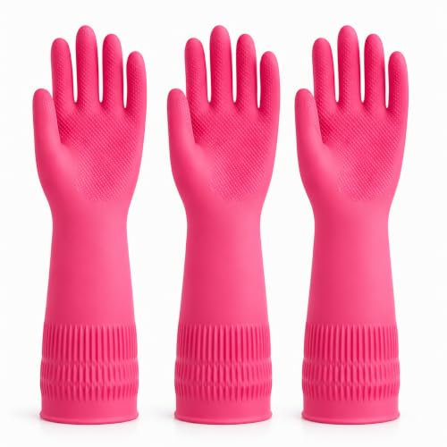 Rubber Dishwashing Gloves, Reusable Cleaning Gloves with Long Cuffs - color: Red (3 Pairs), size: Small