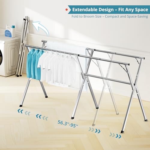JAUREE 95 Inches Clothes Drying Rack, Drying Rack Clothing Folding Indoor Outdoor, Heavy Duty Stainless Steel Laundry Rack, Foldable Portable Large Clothes Rack Garment Rack with 20 Windproof Hooks - color: Silver, size: 95"