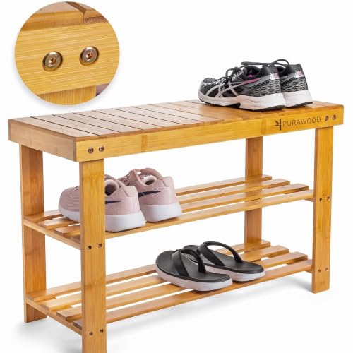 Purawood Bamboo 3 Tier Shoe Rack Bench, Premium Shoe Organizer or Entryway Bench, Perfect for Shoe Cubby, Entry Bench, Bathroom Bench, Entryway Organizer, Hallway or Living Room