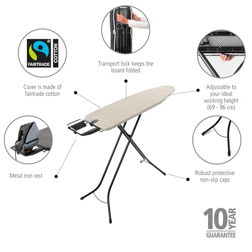 Brabantia Compact Ironing Board with Left/Right Adjustable Steam Iron Rest | Small (Size A) | Fairtrade Denim Gray Cover | Adjustable Height (27-38"), Easy Fold, Anti-Collapse Lock, Non-Slip Feet