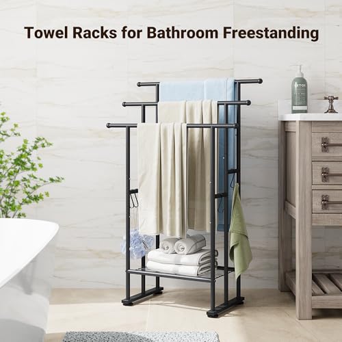 ELYKEN 3 Tier Freestanding Towel Rack with Shelf, 40" H Towel Stand, Black - color: Black