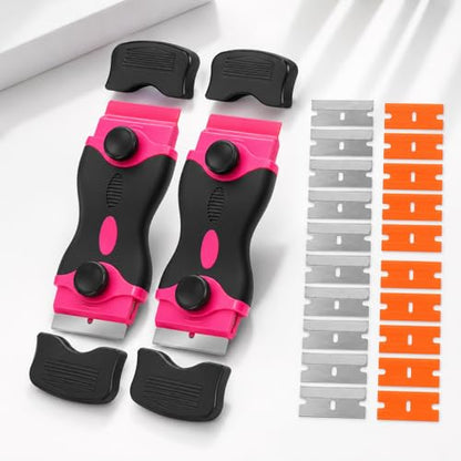 2Pcs Pink Double-Head Razor Scraper Set with 20Pcs Blades (10 Metal+10 Plastic), Multi-Use Cleaning Tool for Glass, Cooktop, Auto Film, Residue Removal