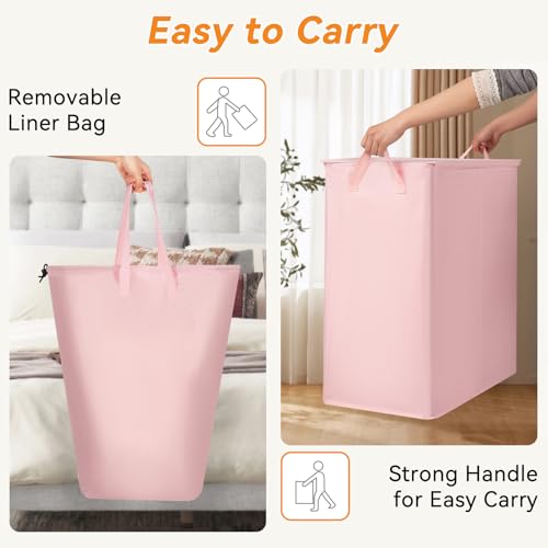 Chrislley Double Laundry Hamper with Lid, 140L Laundry Basket 2 Section - color: Pink, size: 140l(24.0"l X 14.2"w X 25.2"h)