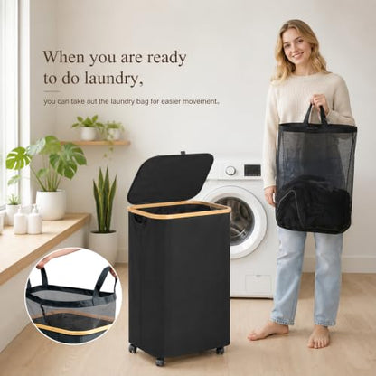 Slim Laundry Hamper with Wheels 75L with Removable Wash Bag Black - color: Black, size: 75L