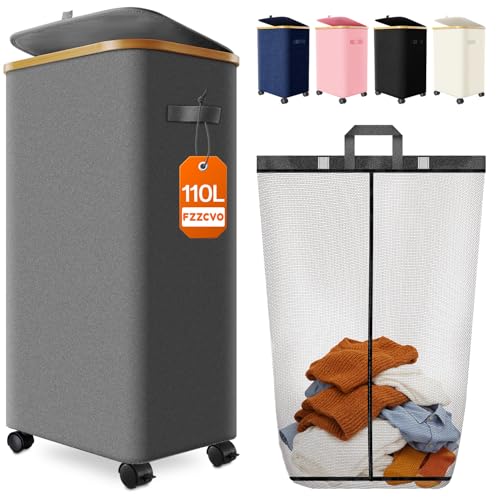 Laundry Basket with Wheels, 110L Large Rolling Laundry Hamper for Dorm - color: Gray, size: 110L