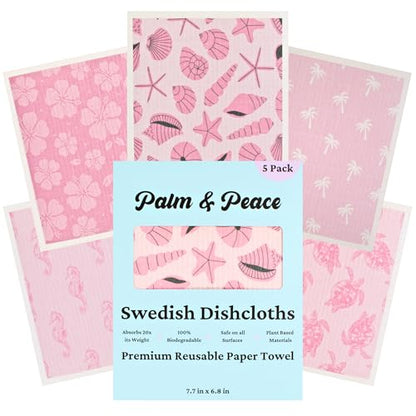 Palm & Peace Swedish Dishcloths for Kitchen - 5 Pack - Reusable Paper Towels - Super Absorbent, Non-Scratch, Washable, Sustainable, 100% Compostable Cleaning Cloths (Mermaid Cove) - color: Mermaid Cove