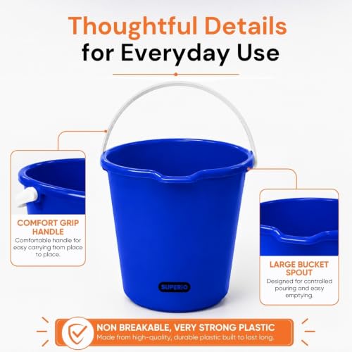 Superio 2.75 Gallon Bucket, Plastic Cleaning Pail with Handle, Car Wash Bucket, Small Utility Bucket for Mopping, Fishing, Camping & Household Use, Durable, Blue - 2 Pack - color: Blue, size: 2 Pack