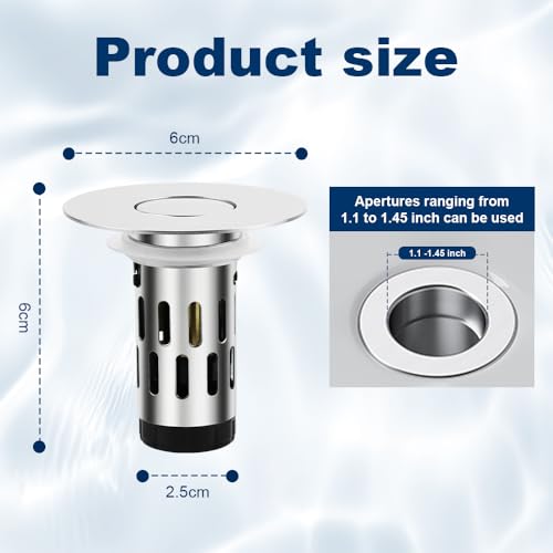 ZM Bathroom Sink Stopper, 3-in-1 Pop Up Drain Plug with Stainless Steel Hair Catcher, Sink Drain Strainer for 1.1–1.45 Inch Drain Holes, Tool-Free Installation, Chrome