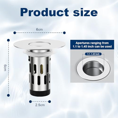 ZM Bathroom Sink Stopper, 3-in-1 Pop Up Drain Plug with Stainless Steel Hair Catcher, Sink Drain Strainer for 1.1–1.45 Inch Drain Holes, Tool-Free Installation, Chrome