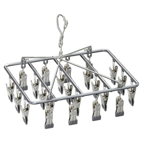 Drying Rack for Sock, Stainless Steel Sock Drying Rack with 23 Clips, Swivel Hook Windproof Hanger for Sock, Laundry, Hat, Scarf, Bras, Towel, Underwear, Pants, Gloves (Gray) - color: Gray