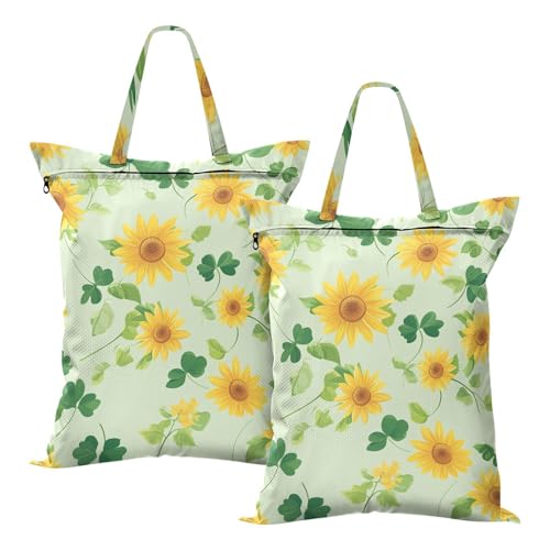 Travel Laundry Bags 2 PC Wet Dry Bag with Handle Dirty Clothes Organizer for Swimsuits Beach Camping Waterproof Washable Green Sunflowers and Clover - color: Green Sunflowers and Clover