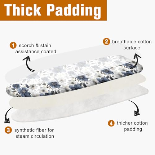Vintage Ink Navy Blue Peony Florals 15"x54" Ironing Board Cover with Padding Cotton Scorch and Stain Resistant Padding Standard Size Heavy Duty Thick Padding Heat Reflective - color: Navy/White