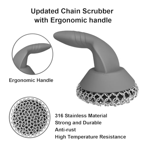 Cast Iron Scrubber with Pan Scraper & Towl, 316 Chainmail Scrubber with Long Handle, Upgraded Chain Mail Scrubber Cleaner for Grill Pan Skillet Wok Carbon Steel Dutch Oven Metal Brush (Grey) - color: Gray
