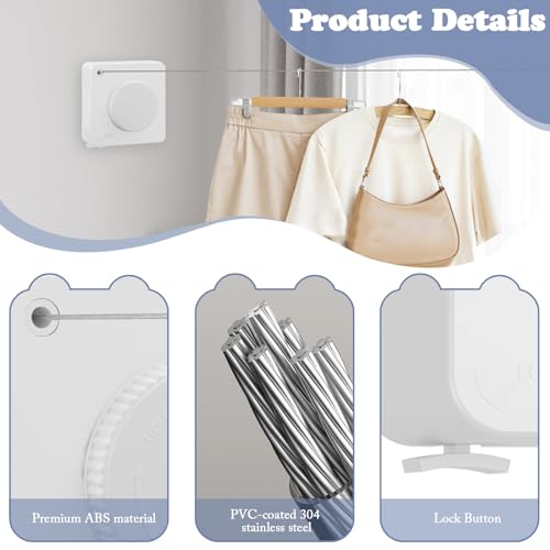 Huakaile 15.7 FT/4.8 M Stainless Steel Retractable Clothesline Indoor, Non-Sagging Retractable Clothesline Outdoor Heavy Duty Retracting Wall-Mounted Portable Drying Hanging Laundry RV (White) - color: White