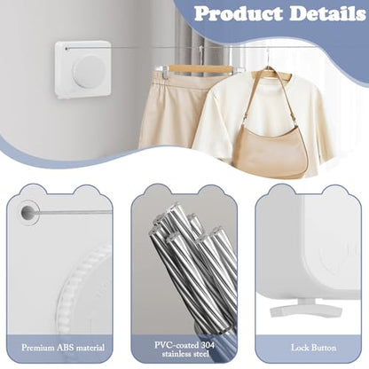 Huakaile 15.7 FT/4.8 M Stainless Steel Retractable Clothesline Indoor, Non-Sagging Retractable Clothesline Outdoor Heavy Duty Retracting Wall-Mounted Portable Drying Hanging Laundry RV (White) - color: White