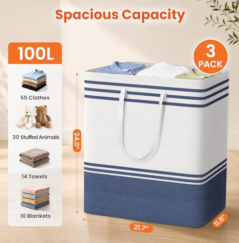 TranquilRelax 3-Pack Laundry Basket, Laundry Hamper, Blue-100L - color: Blue, size: 100L