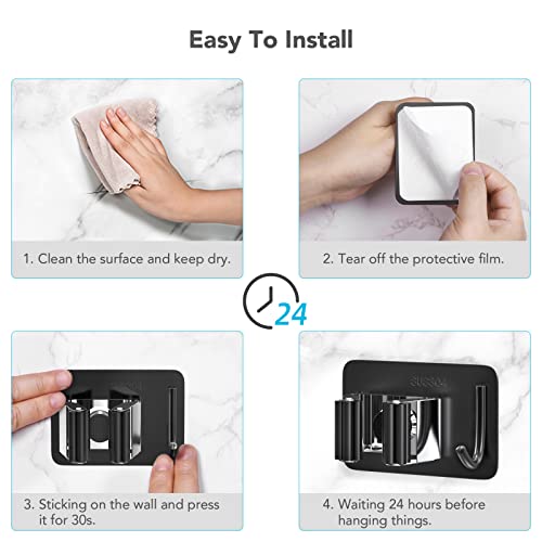 homeasy Broom Holder Wall Mount 4Pcs, Self Adhesive Mop Broom Hanger - color: Black Mix