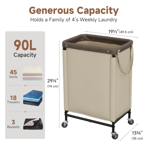 StorageWorks Laundry Hamper with Wheels and Removable Liner Bag - color: Light Khaki, size: 90L(1-Section)
