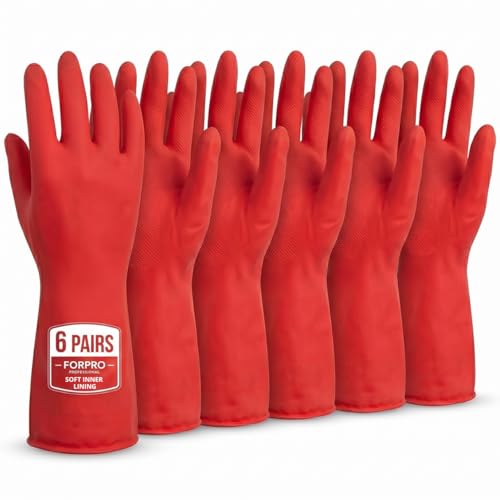 ForPro Natural Rubber Cleaning Gloves, 6 Pairs Reusable Dishwashing Gloves with Soft Inner Lining, Non-Slip Waterproof Kitchen Gloves, Chemical-Resistant, Extended Cuff, Multi-Color, Large - color: Wild Cherry, size: Large