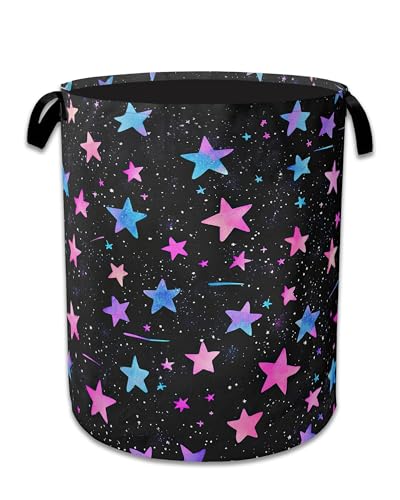 Blue Pink Stars Laundry Basket,Oxford Cloth Laundry Hamper With Handle Foldable Portable Clothes Storage Basket for Laundry Room/Bedroom/Bathroom 20.8"x16" - color: Blue Pink Stars
