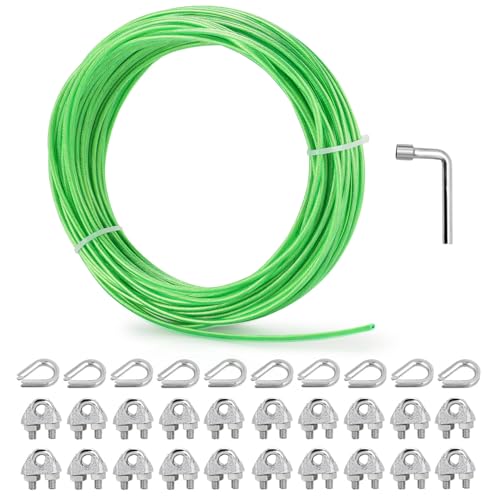 1/8" Clothes Line Outdoors, 100 ft PVC Coated Steel Cable Clip Kit - size: 1/8 IN x 100 FT