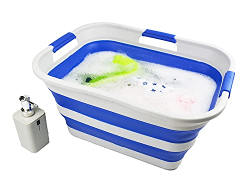 SAMMART 30L(8 gallon) Collapsible Plastic Laundry Basket - Foldable Pop Up Storage Container/Organizer - Space Saving Hamper/Basket - Water Capacity 24L(6.3 gallon) (1, Grey/Purplish Blue) - color: Grey/Purplish Blue