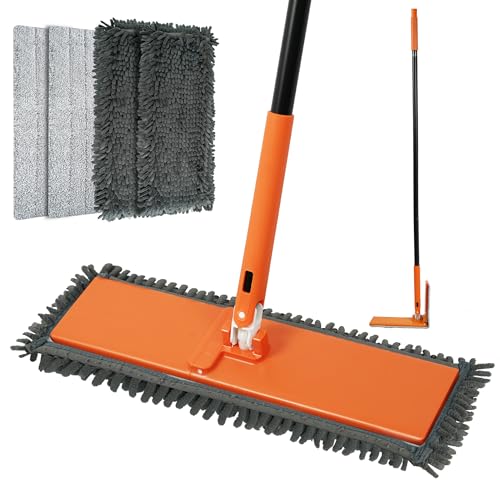 JEHONN Dust Mop for Hardwood Floors, Broom Duster with Unique 90° Foldable Panel, 2 Chenille and 2 Microfiber Pads, Dry Wet Flat Dustmop for Cleaning Vinyl, Laminate, Tile, Marble (Orange)