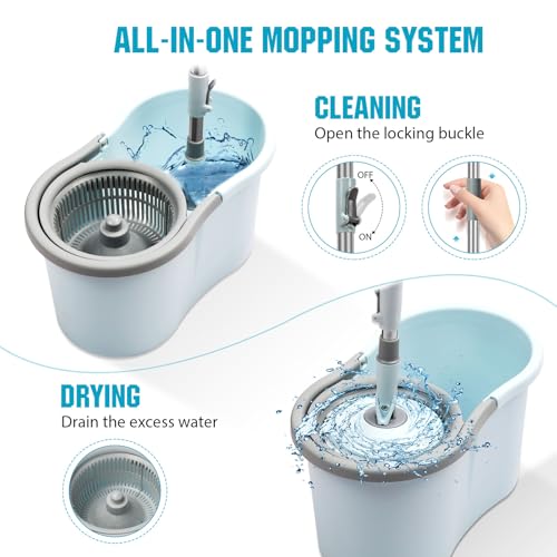 Spin Mop and Bucket with Wringer Set, 3 Microfiber Mop Heads, 51" Handle - color: Blue-3