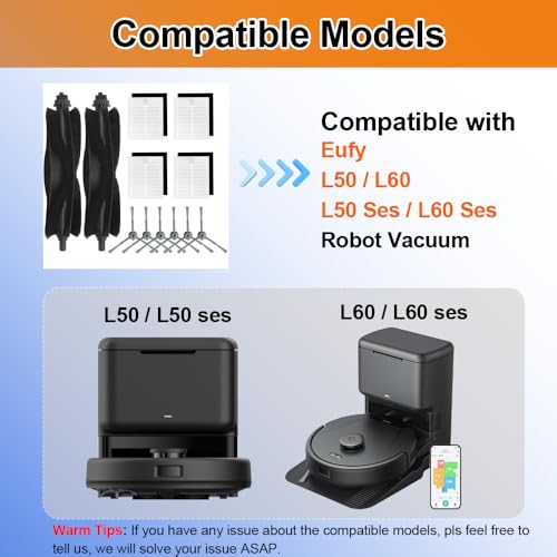 Replacement Parts Compatible with Eufy L60/L50 Series Robot Vacuums, Accessories Including 2 Main Brush, 4 Hepa Filters, 6 Side Brushes - size: 12pc