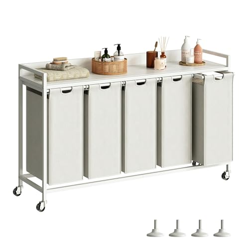 Herture Laundry Hamper with Shelf, Laundry Basket 5 Section, Laundry Sorter with Pull-Out Removable Large Bags and Movable Wheels, Metal Frame, 5 x 15.87 Gallons (60L), White PF08XLW - color: White, size: 5 Bags-300 L
